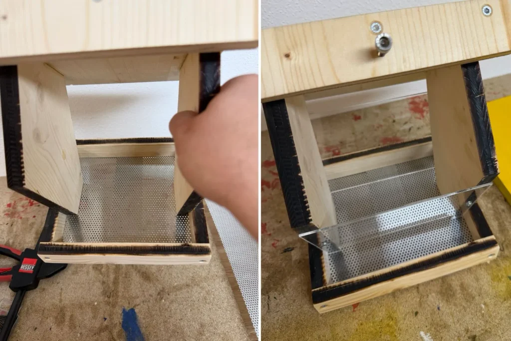 Vogelfutterhaus während des Aufbaus: Seitenteile werden über dem Lochblech im Bodenrahmen ausgerichtet.