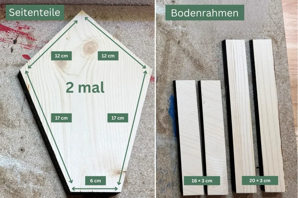 Zuschnittteile für ein Vogelfutterhaus: zwei pentagonförmige Seitenteile mit Maßangaben und vier Bodenrahmenleisten.