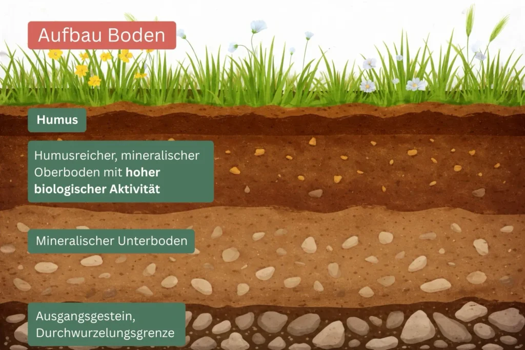Aufbau des Bodens mit Humus, humusreichem Oberboden, mineralischem Unterboden und Ausgangsgestein