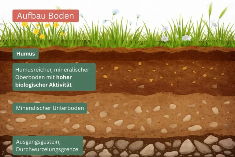 Aufbau des Bodens mit Humus, humusreichem Oberboden, mineralischem Unterboden und Ausgangsgestein