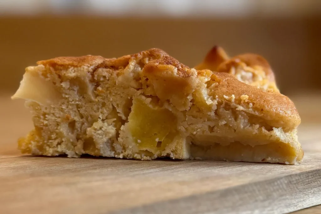 Nahaufnahme eines Kuchenschnitts mit vielen Apfelstücken und saftigem Teig.