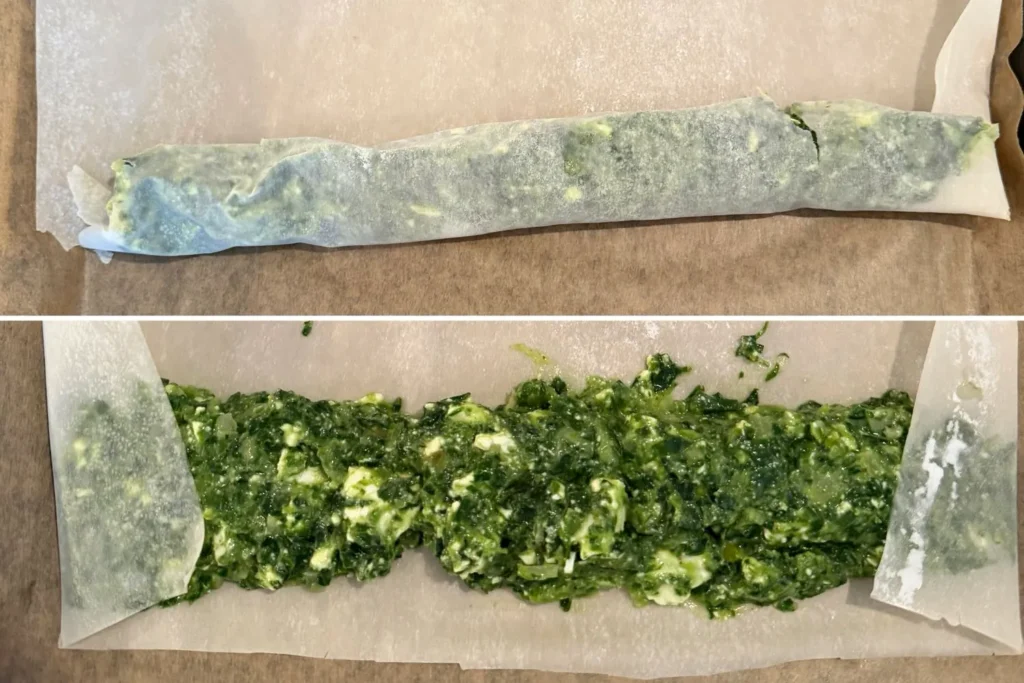 Börek mit Spinat und Feta wird im Yufkateig gefüllt und zu einer klassischen Zigarrenform gerollt.