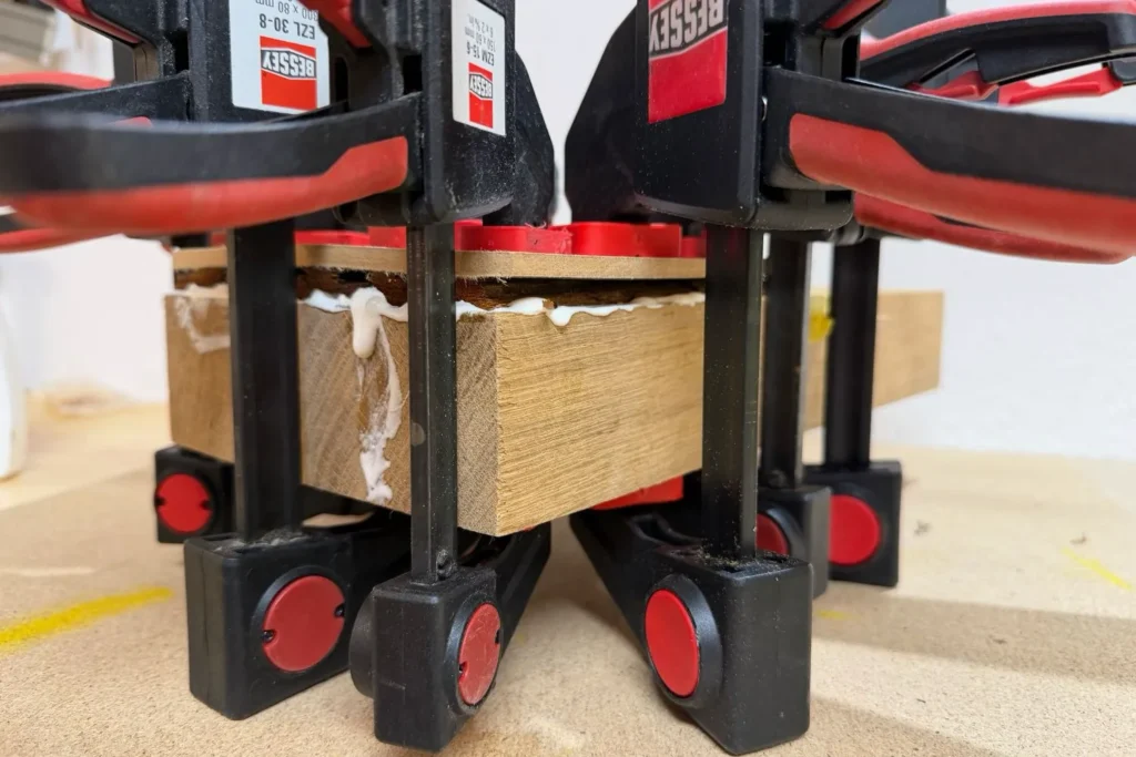 Rinde und Eichenblock werden mit Zwingen verpresst, Leim quillt leicht heraus.