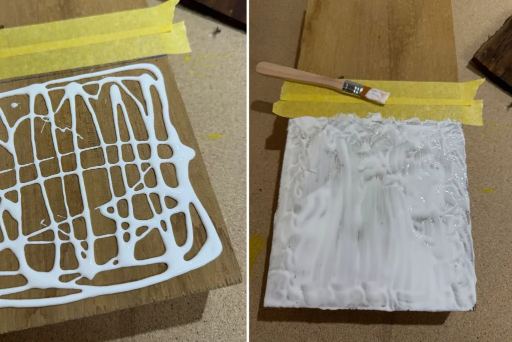 Holzleim wird großzügig auf das Eichenbrett aufgetragen und verteilt.