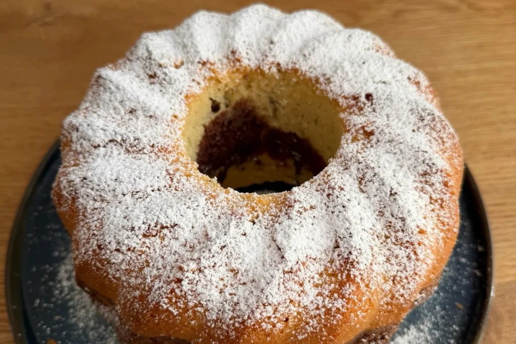 Marmorkuchen von oben fotografiert, mit sichtbarer Marmorierung und Puderzucker.