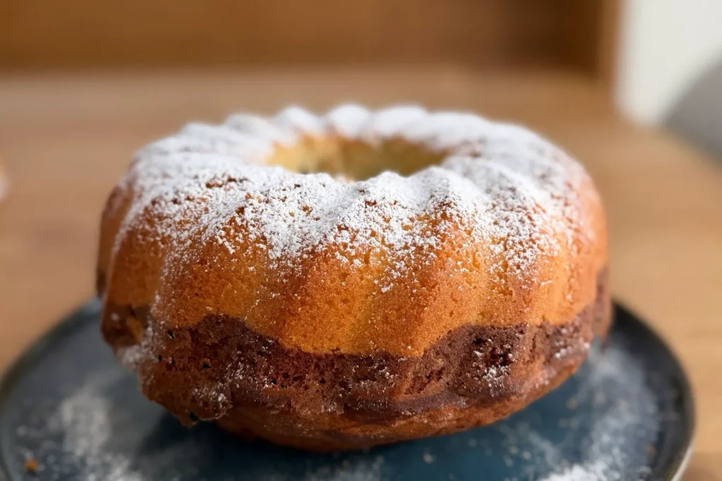 Frisch gebackener Marmorkuchen im Gugelhupf-Format, mit Puderzucker bestäubt.