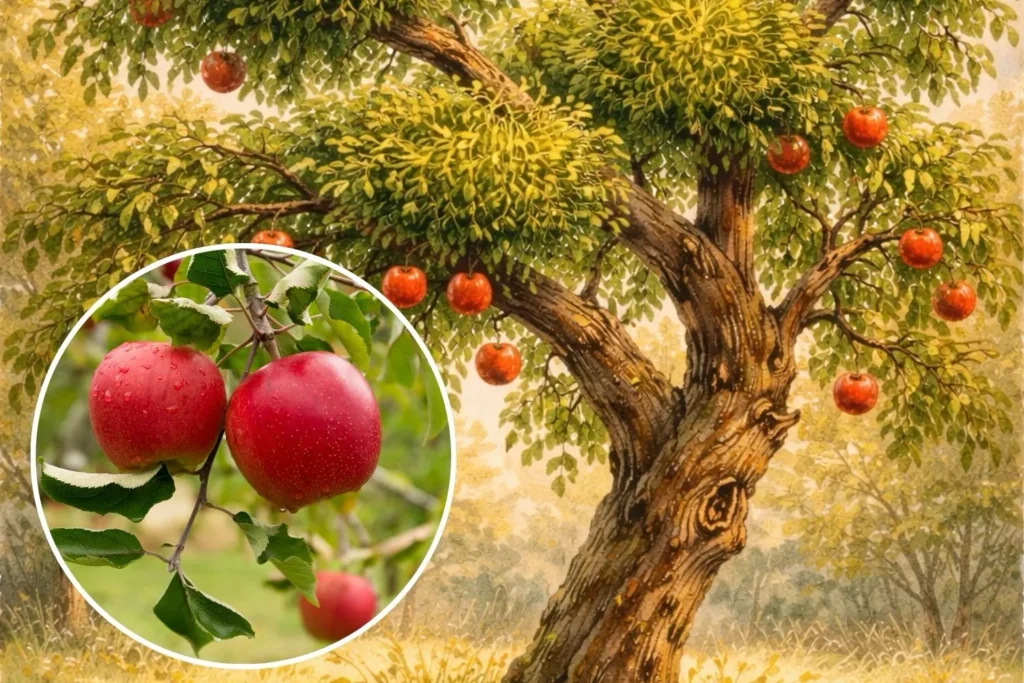 Apfelbaum auf einer Streuobstwiese mit Mistelbefall in der Baumkrone