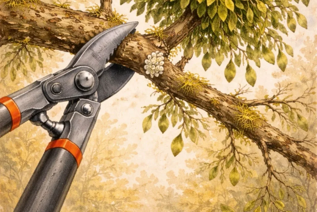 Baumschere schneidet einen Ast mit Mistelansatz während der Baumpflege.