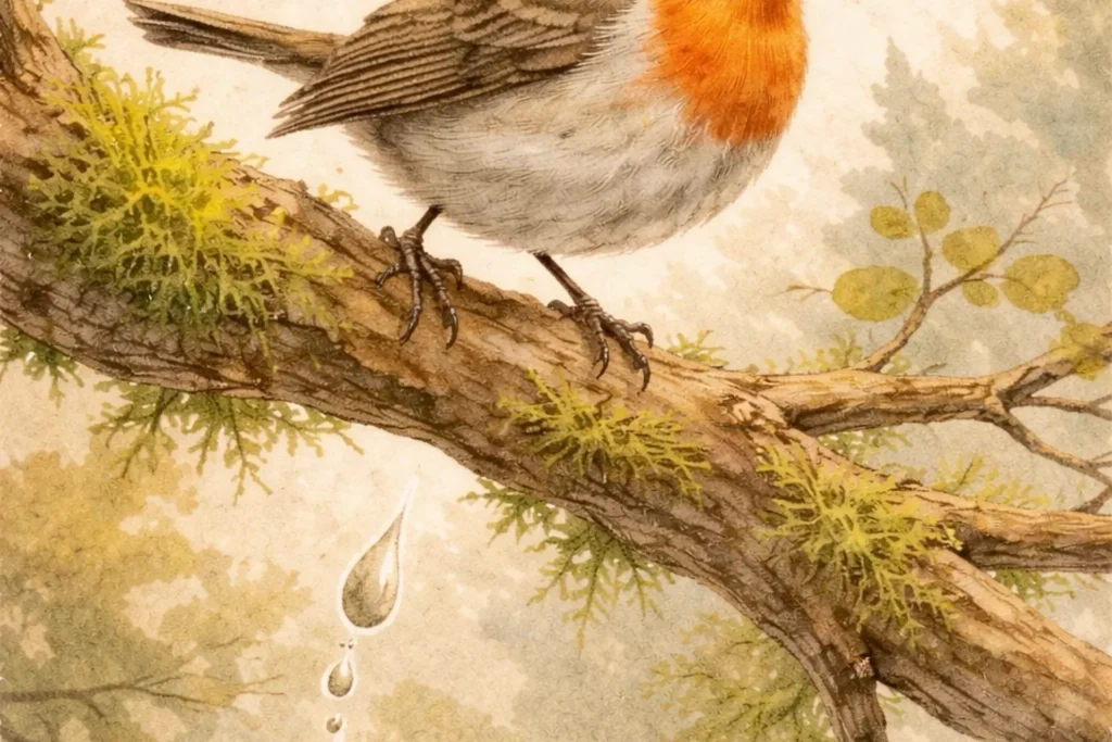 Vogel auf einem Ast mit klebrigem Mistelsamenkot.