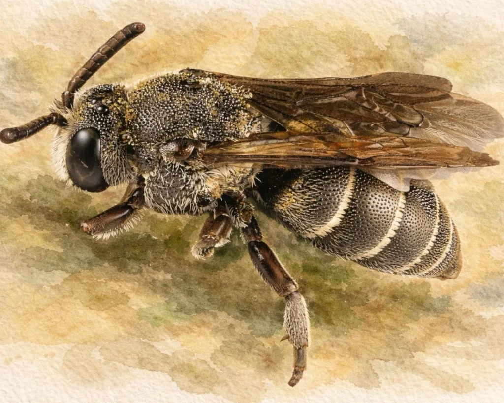 Sandbiene sitzt auf sandigem Untergrund im natürlichen Lebensraum