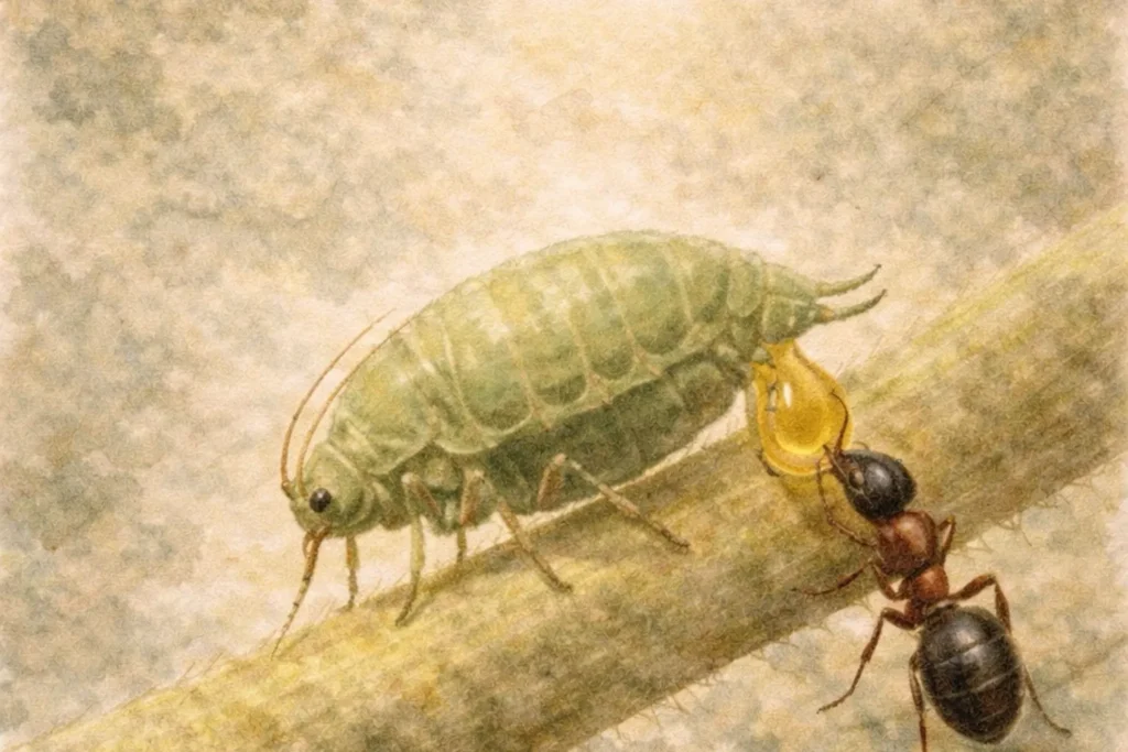 Ameise nimmt Honigtau am Hinterleib einer Blattlaus auf