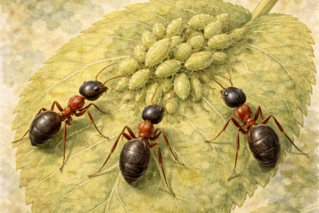 Mehrere Ameisen bewachen eine Blattlauskolonie auf einem Blatt