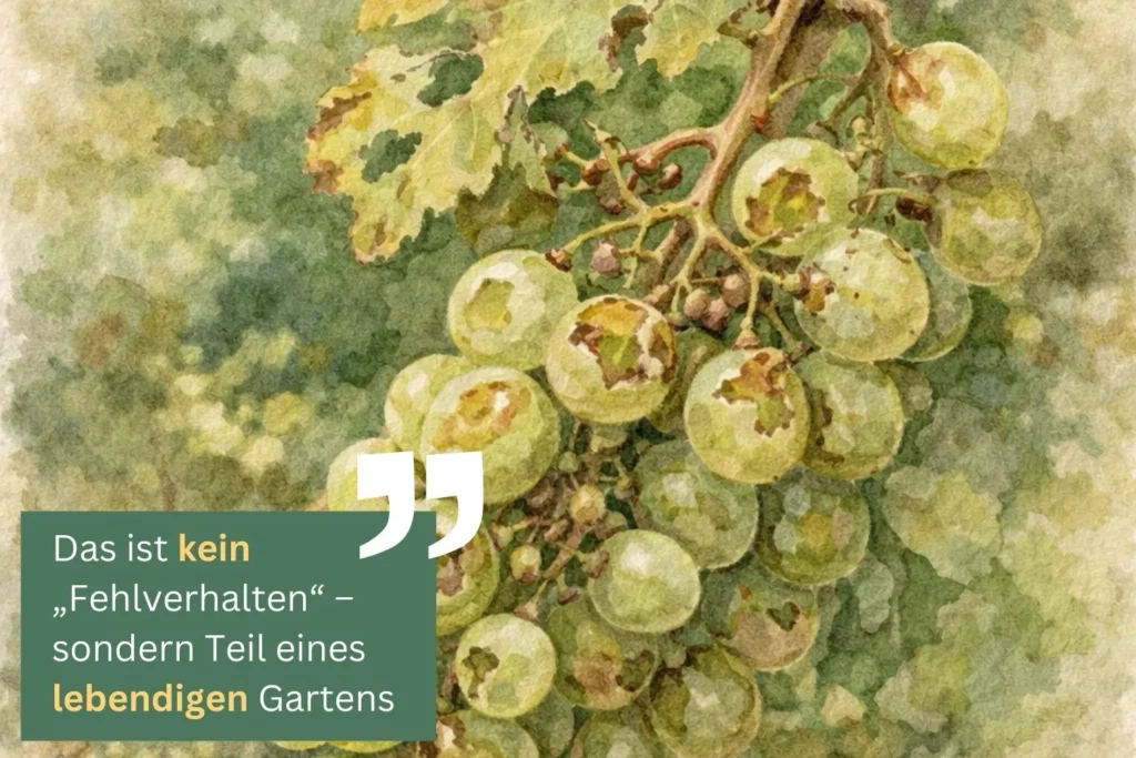 Angefressene Weintrauben an einer Rebe als Beispiel für mögliche Fraßschäden im Obst- und Weinbau