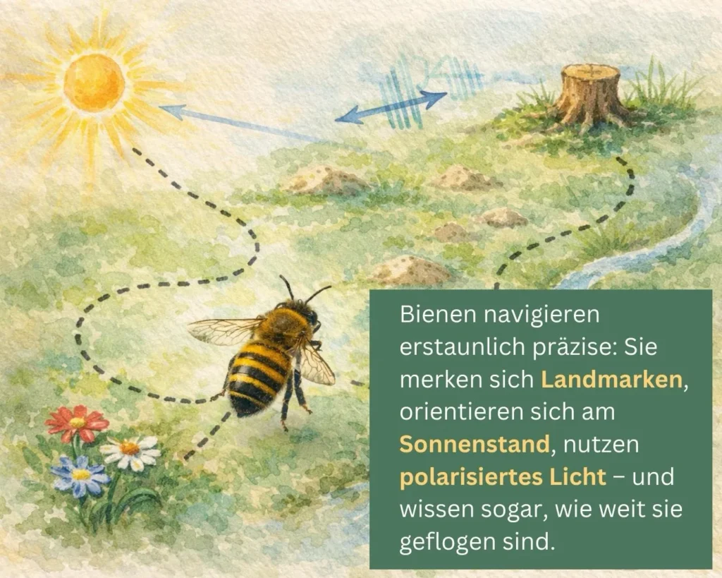 Illustration zur Navigation von Bienen anhand von Sonne und Landmarken