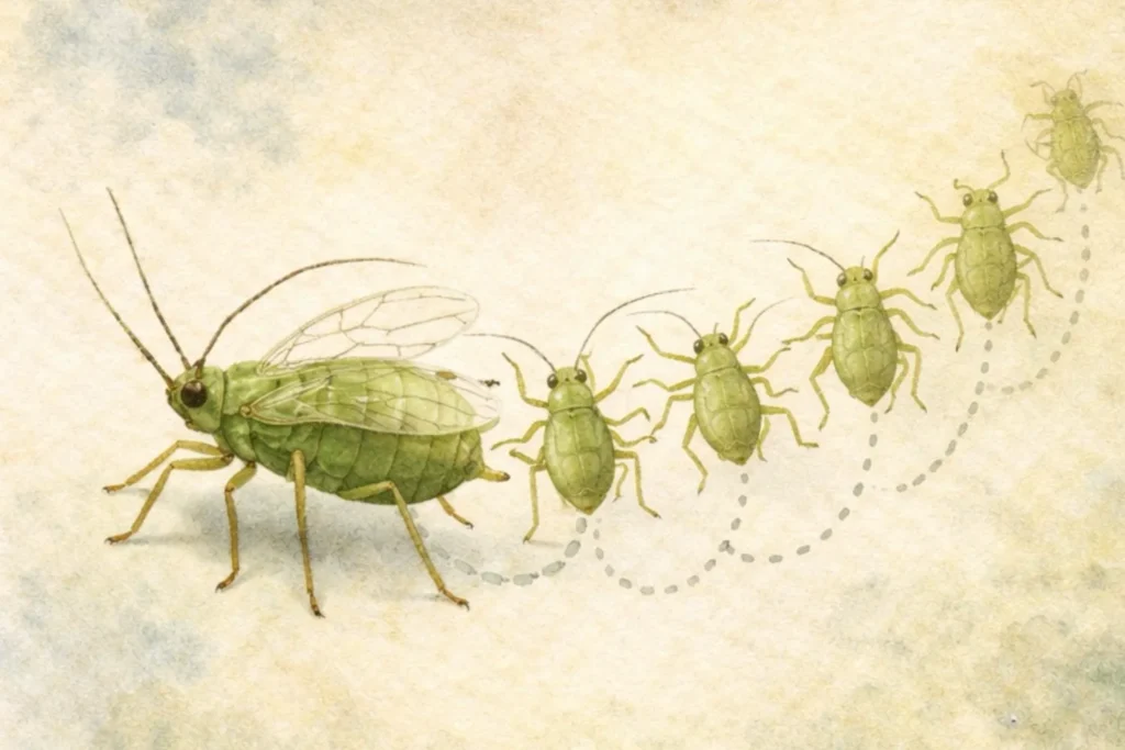 Geflügelte Blattlaus und mehrere ungeflügelte Nachkommen zeigen die ungeschlechtliche Vermehrung durch Klonen