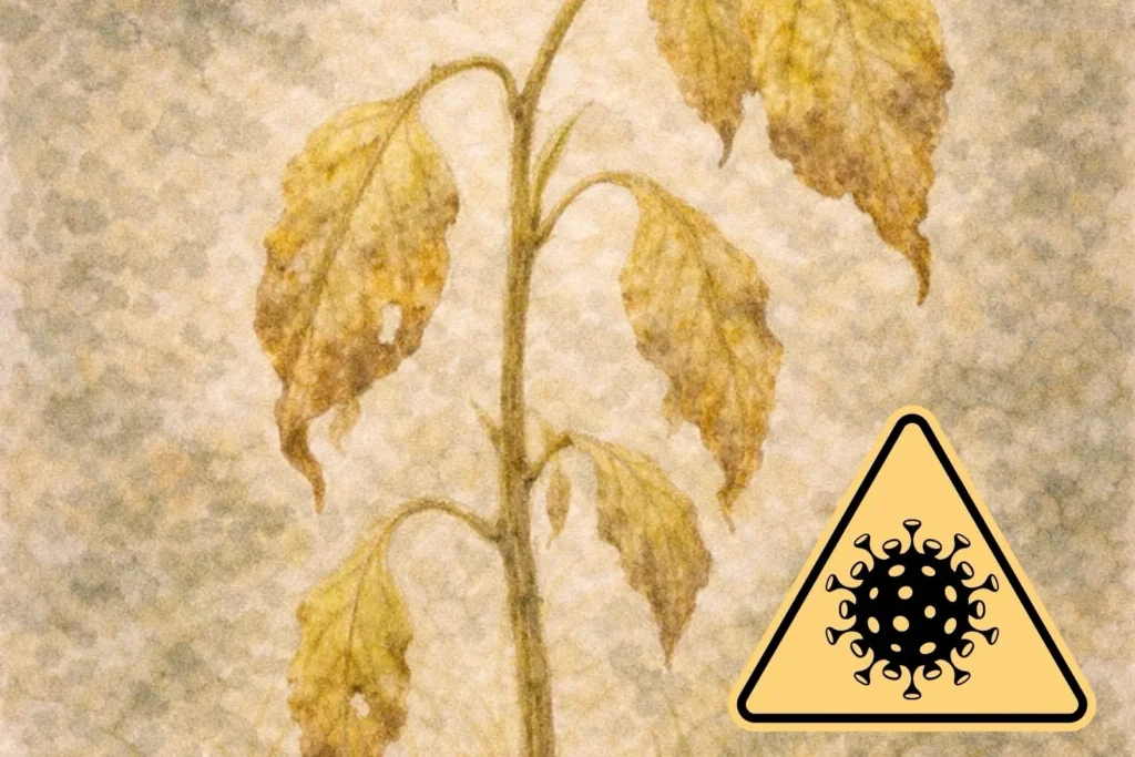 Welke Pflanze mit gelben Blättern als Hinweis auf durch Blattläuse übertragene Pflanzenviren