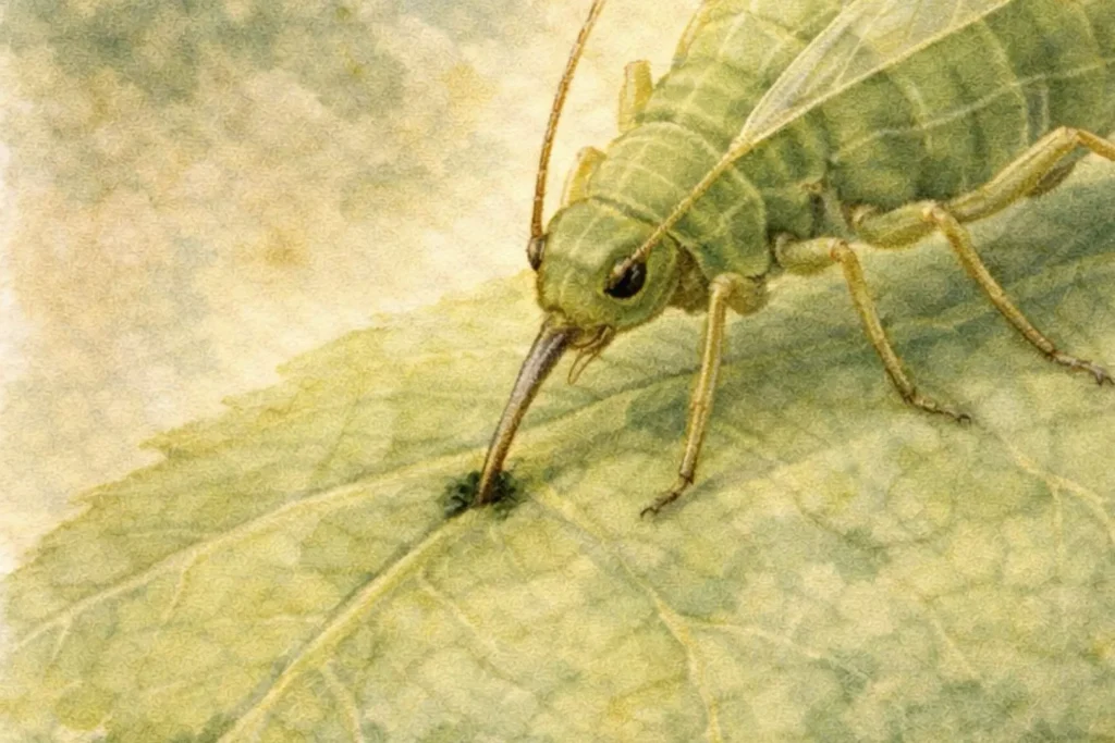 Blattlaus sticht mit ihrem Saugrüssel in das Blattgewebe einer Pflanze