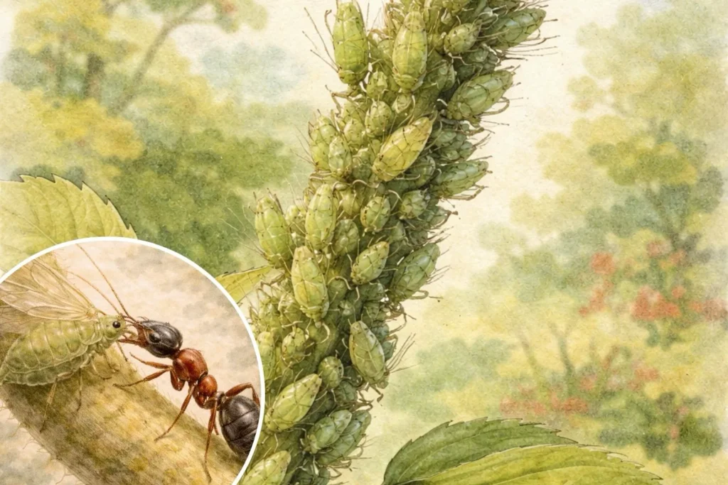 Dichte Blattlauskolonie an einem Pflanzenstängel mit vielen dicht gedrängten Tieren