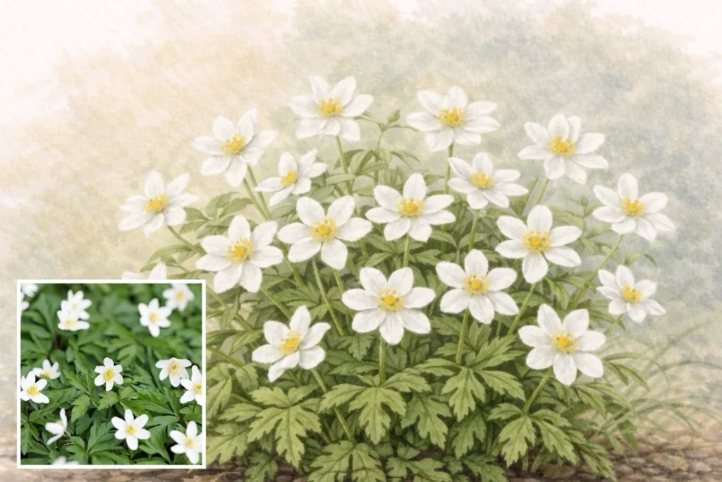 Aquarell-Illustration eines Busch-Windröschens mit weißen Blüten und tief gelappten Blättern im lichten Schatten.