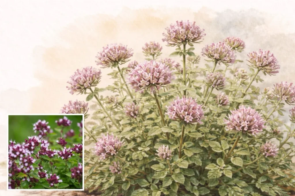 Illustration und Foto von Dost / Oregano (Origanum vulgare) mit rosa Blütenständen