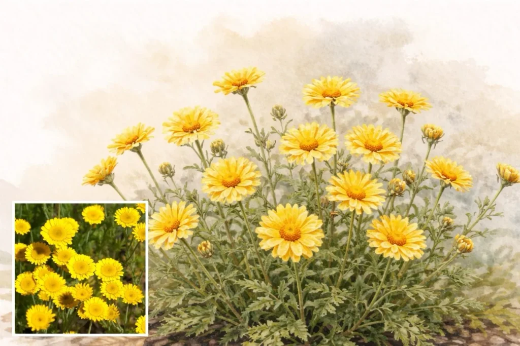Illustration und Foto der Färberkamille (Anthemis tinctoria) mit gelben Korbblüten