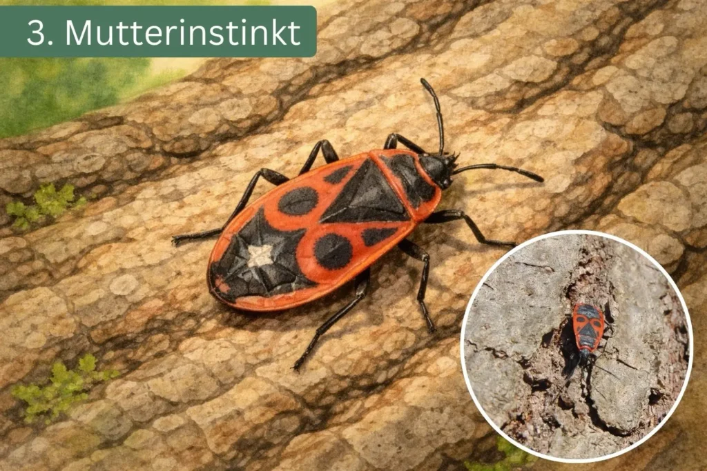 Feuerwanze bewacht ihre Eier auf einer Baumrinde – ein Beispiel für den ausgeprägten Mutterinstinkt der Art.