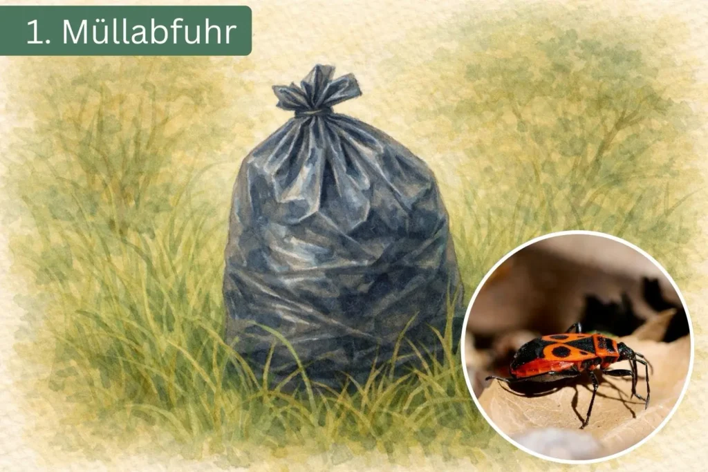Feuerwanze auf abgestorbenem Pflanzenmaterial – sie hilft beim Abbau organischer Reste im Garten.