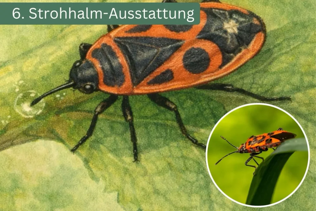 Feuerwanze mit ausgefahrenem Rüssel (Rostrum), mit dem sie flüssige Nahrung aufnimmt.