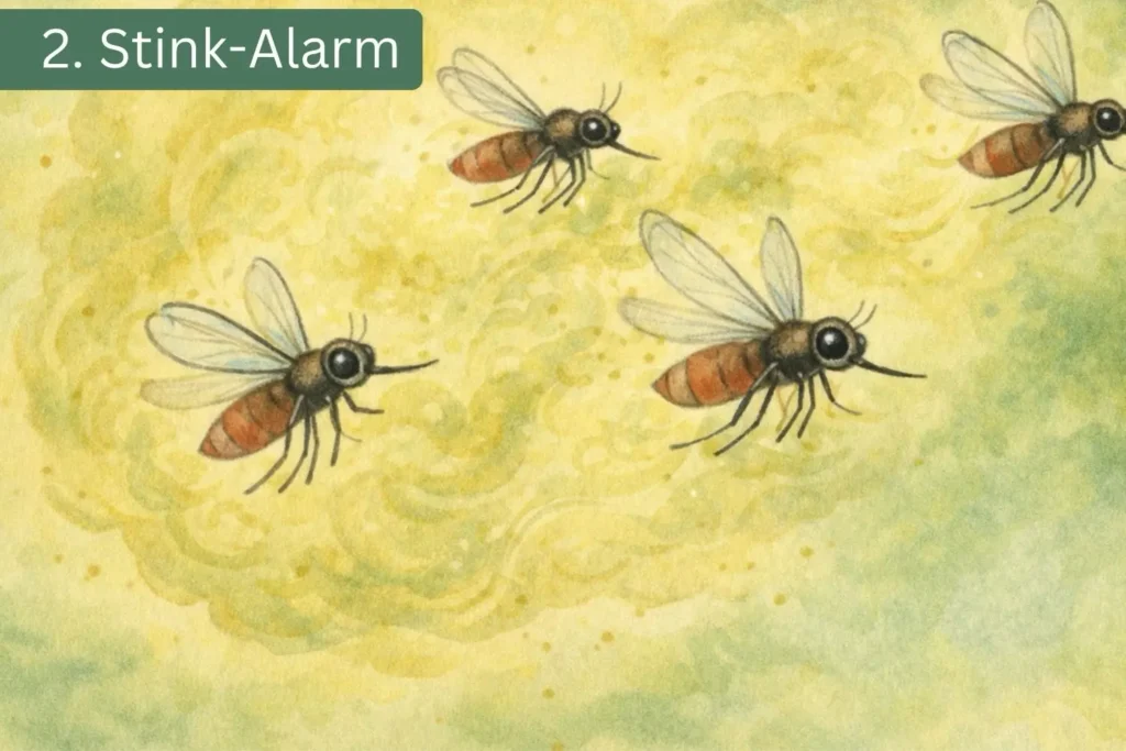 Illustration einer Duftwolke: Feuerwanzen setzen Geruchsstoffe frei, die unter anderem Mücken fernhalten.