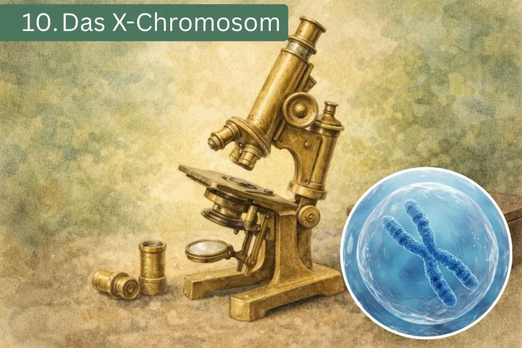 Illustration eines historischen Mikroskops und eines X-Chromosoms – Forschung an Feuerwanzen führte zur Entdeckung des X-Chromosoms.