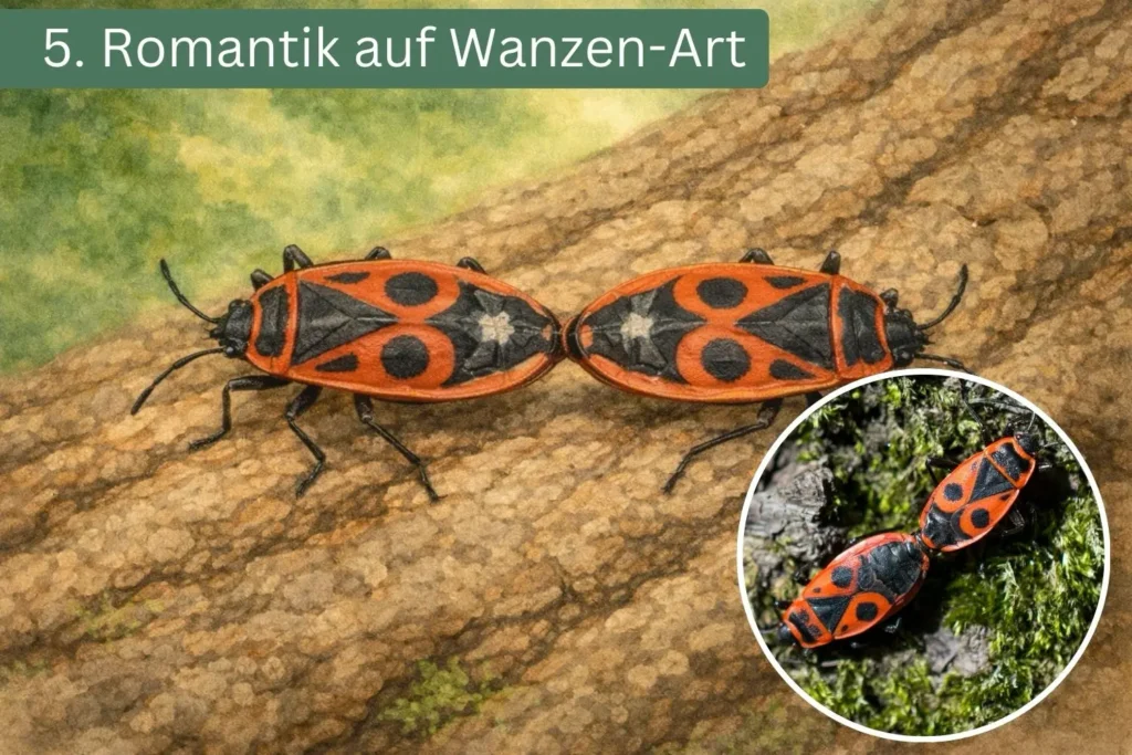 Zwei Feuerwanzen bei der Paarung, Hinterleib an Hinterleib auf der Rinde eines Baumes.