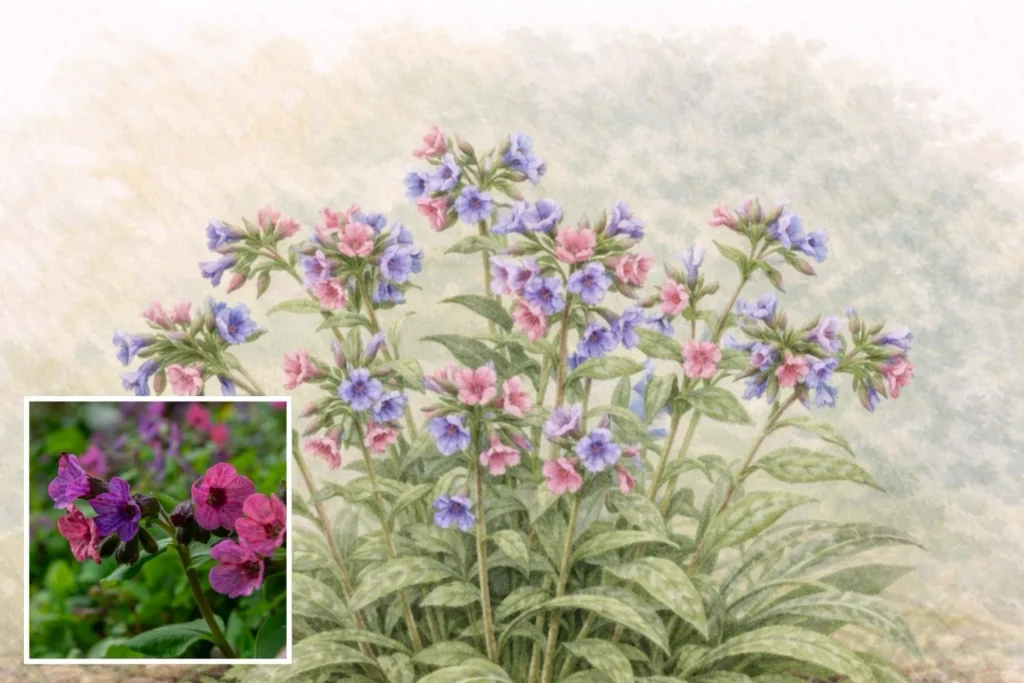 Aquarell-Illustration von Geflecktem Lungenkraut mit rosa-blauen Blüten und hell gefleckten Blättern.