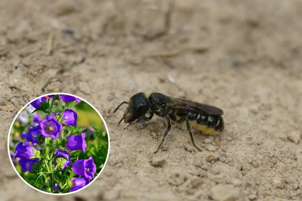 Glockenblumen-Scherenbiene (Chelostoma rapunculi) sammelt Pollen an violetter Glockenblume