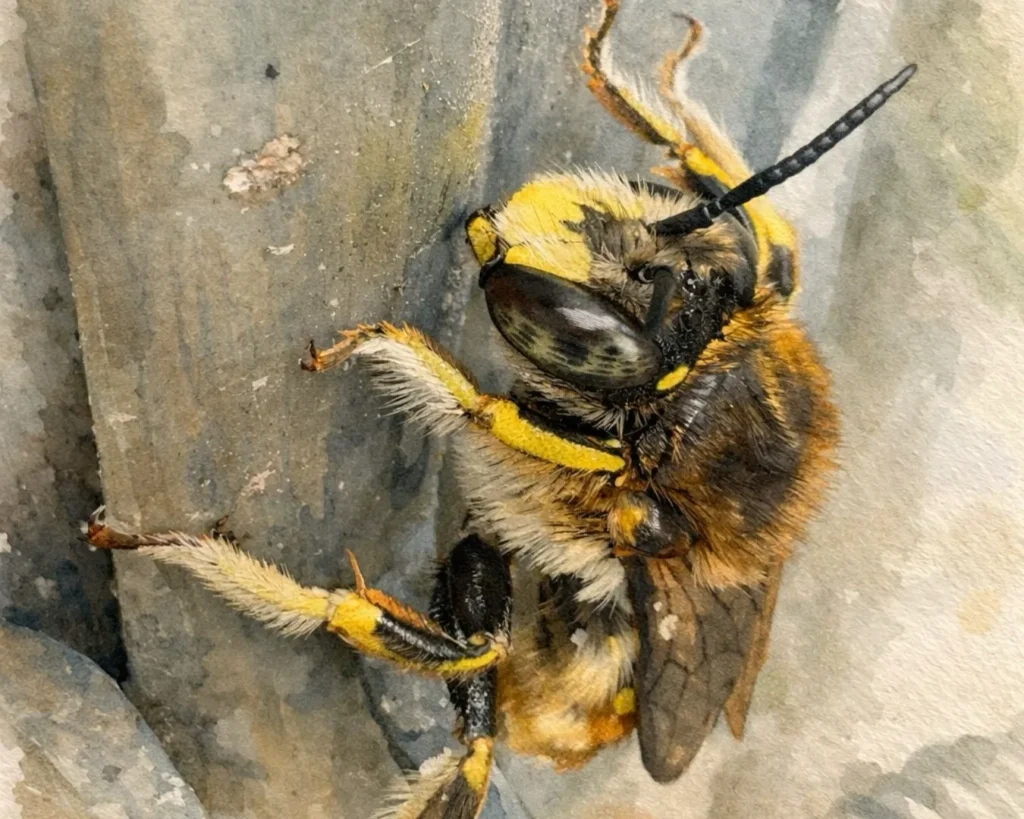 Große Wollbiene an einer Wand sitzend mit gelb-schwarzer Zeichnung