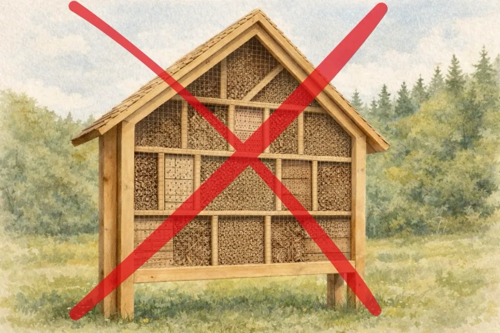 Aquarell-Illustration eines großen Wildbienenhotels aus Holz auf einer Wiese vor Waldhintergrund
