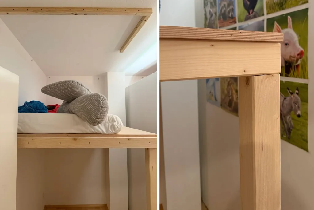 Detailansicht eines Holzpfostens mit aufliegendem Rahmen bei einem selbstgebauten Hochbett.
