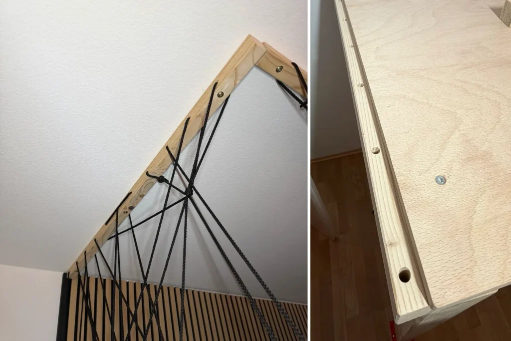 Befestigung der Seile des Rausfallschutzes an einem Deckenbalken über dem Hochbett.