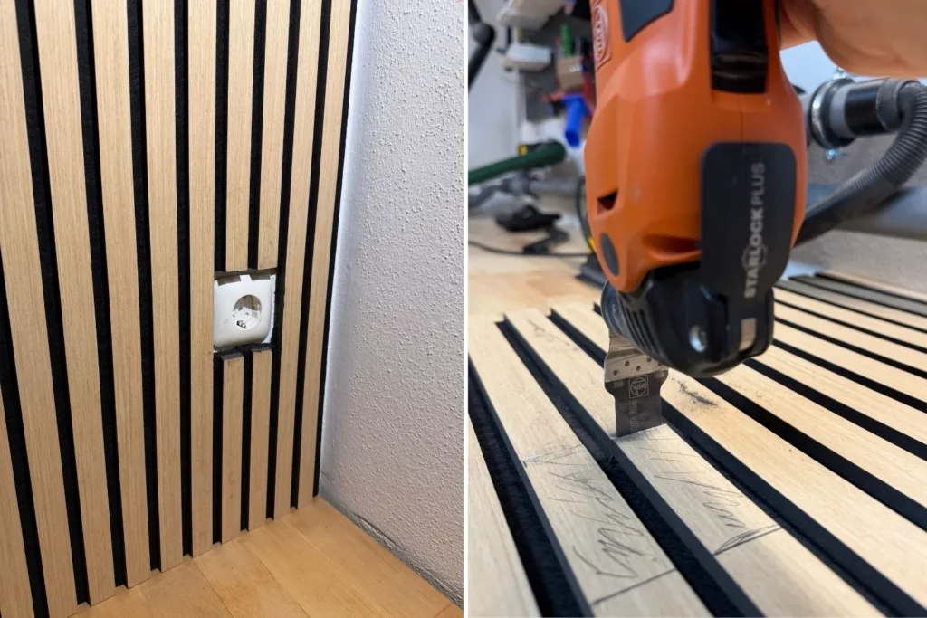 Steckdosen-Ausschnitt in einem Akustikpaneel mit Multitool während der Montage.