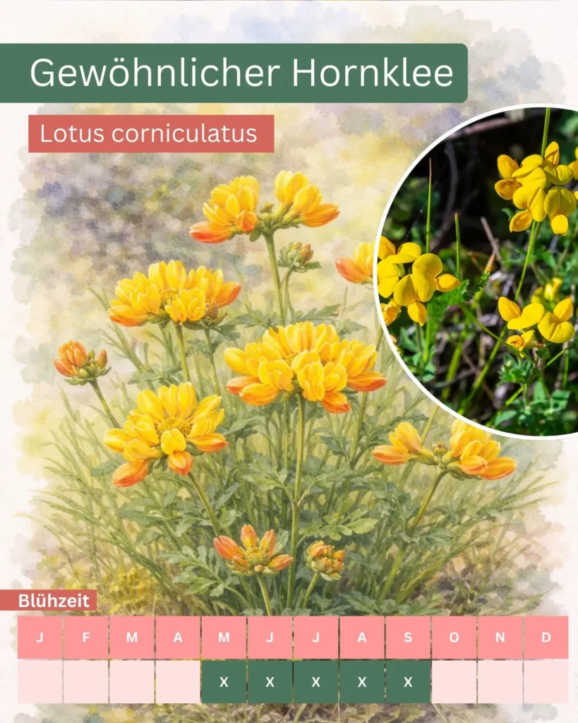 Aquarellillustration des Gewöhnlichen Hornklees (Lotus corniculatus) mit gelb-orangenen Blüten, wertvolle Raupenfutterpflanze