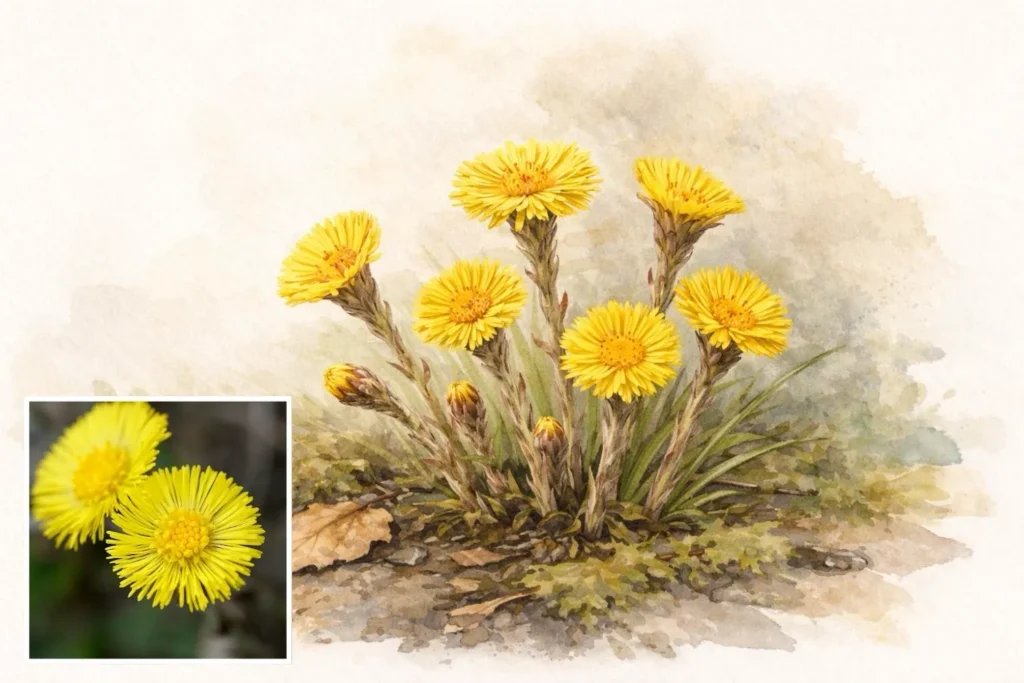 Illustration und Foto von Huflattich (Tussilago farfara) mit leuchtend gelben Blüten auf offenem Boden