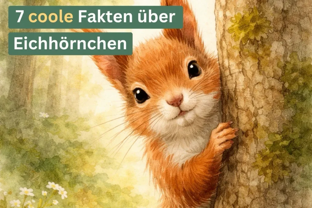 Eichhörnchen schaut neugierig hinter einem Baumstamm hervor im Wald