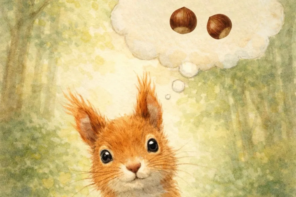 Eichhörnchen mit Gedankenblase über versteckte Nüsse im Wald