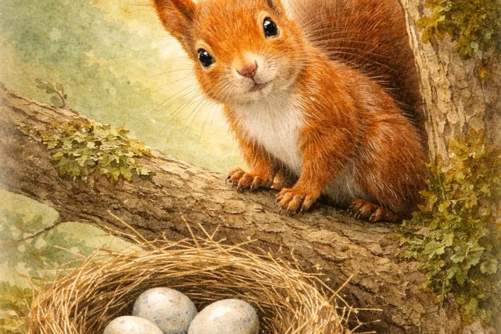 Eichhörnchen sitzt auf einem Ast neben einem Vogelnest mit Eiern