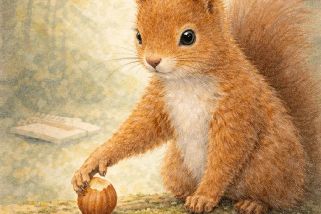 Eichhörnchen greift mit einer Vorderpfote nach einer Haselnuss