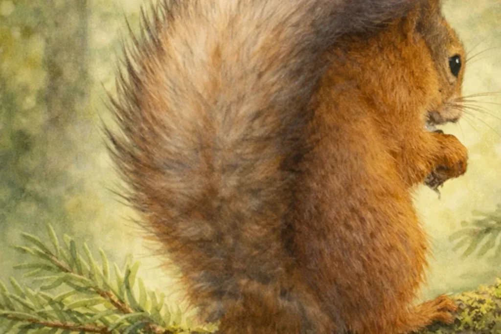 Eichhörnchen sitzt von hinten auf einem Baumstamm und streckt den Schwanz