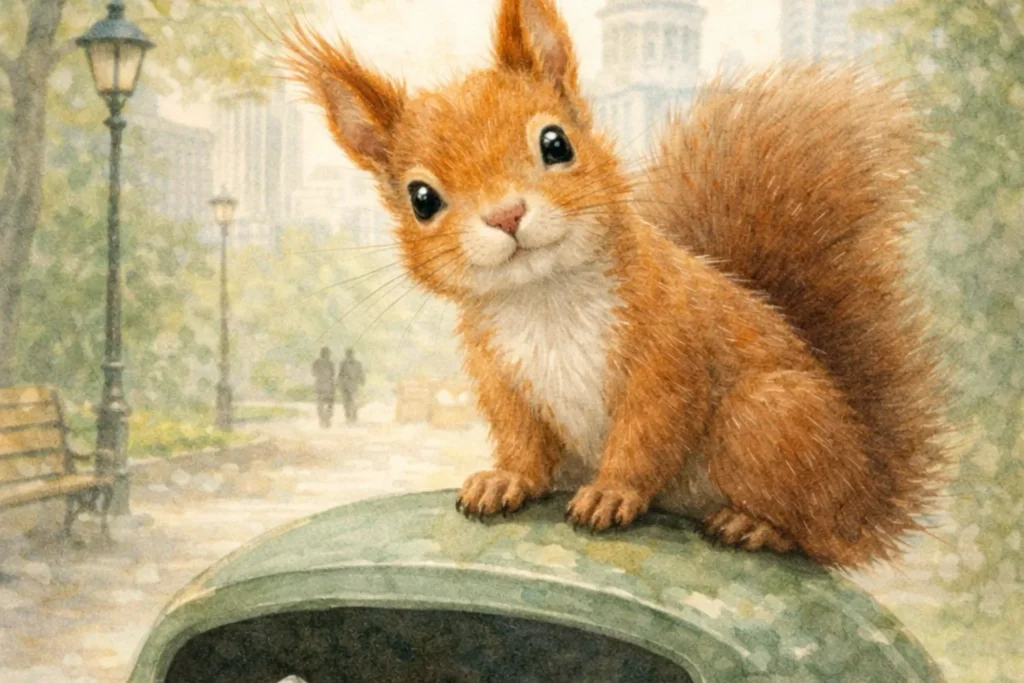 Eichhörnchen sitzt neugierig auf einem Mülleimer im Stadtpark