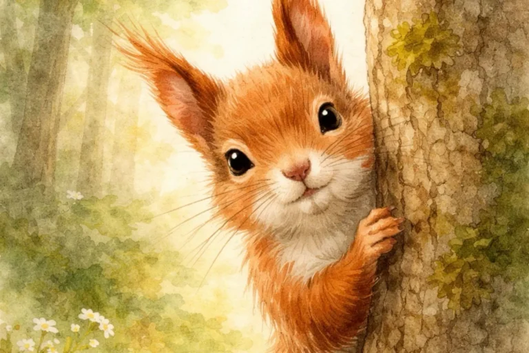 Eichhörnchen schaut neugierig hinter einem Baumstamm hervor im Wald