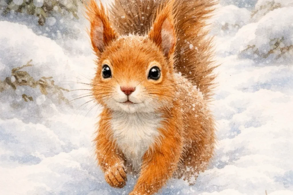 Eichhörnchen läuft im Winter durch den Schnee während der Winterruhe