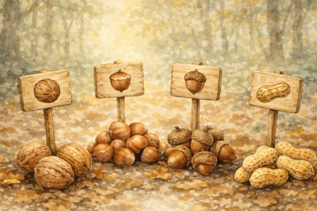 Sortierte Nüsse als Wintervorrat von Eichhörnchen auf dem Waldboden