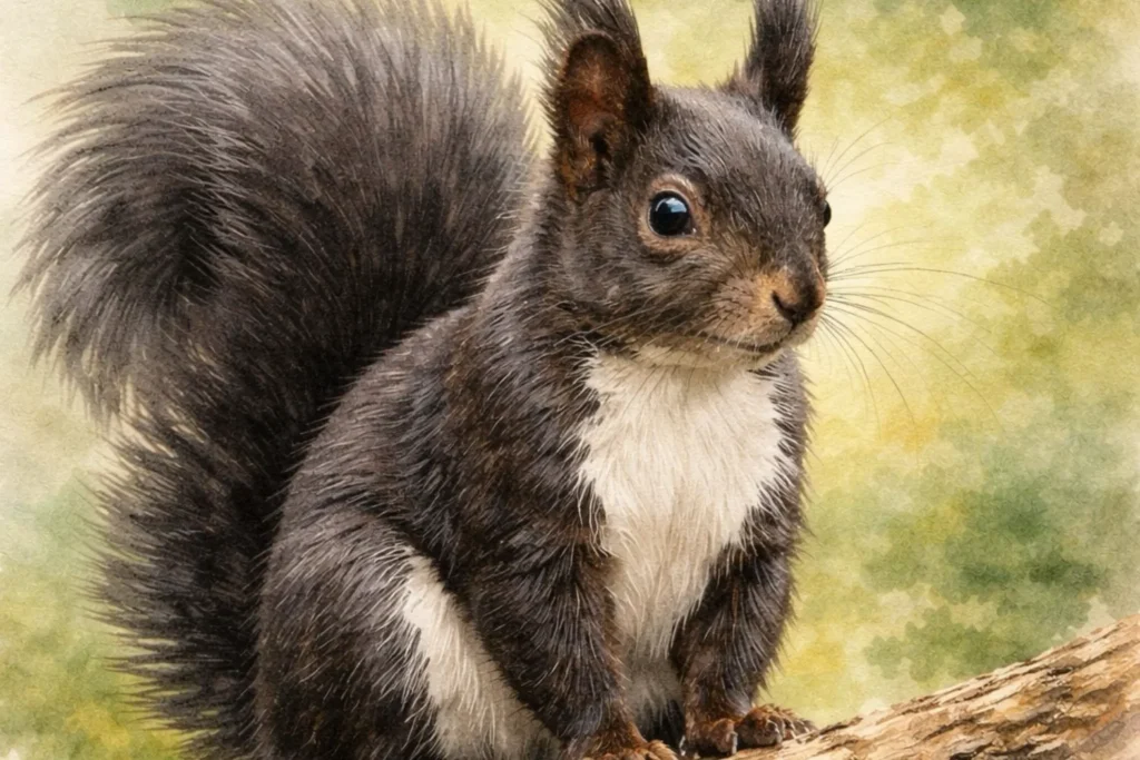 Schwarzes Eichhörnchen mit weißem Bauch sitzt auf einem Baumstamm